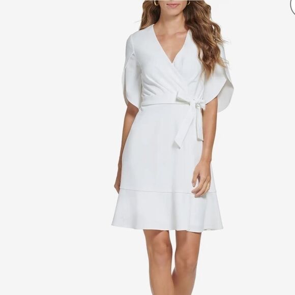 DKNY Womens Tulip-Sleeve V-Neck Dress Ivory Office Wear to Work Dress M - Picture 2 of 16